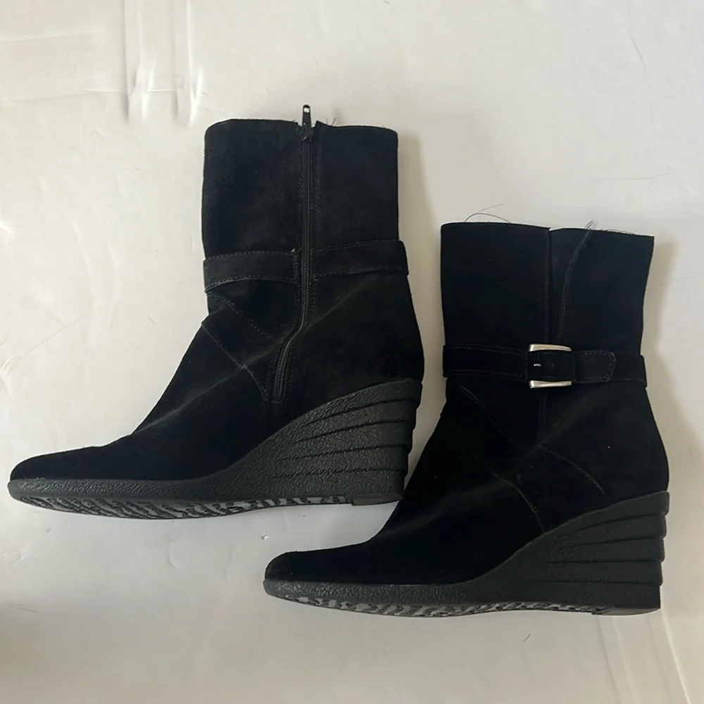 Anne Klein Black Suede Zippered Side Wedged Heel Boots